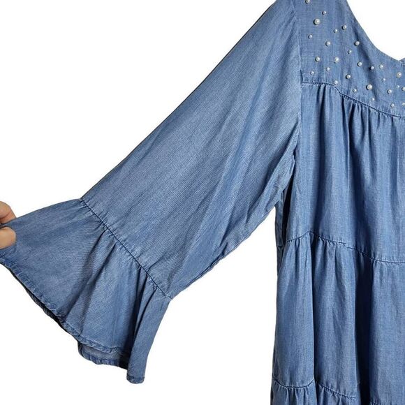 Elliott & Vine Blue Tiered Chambray Tencel Pearl Bell Sleeves Dress Size 3X - Picture 5 of 9